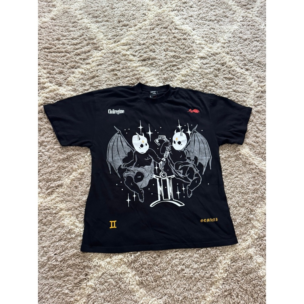 Civil Regime Gemini Zodiac Mens XL Black Yellow Back Graphic Logo T-Shirt